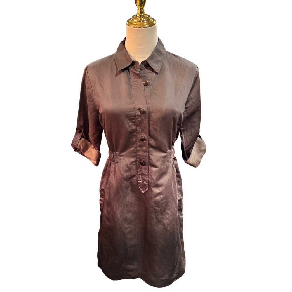 Theory Shirt Dress Gray Roll Tab Sleeve Elastic Waist Midi Women M Sateen pocket